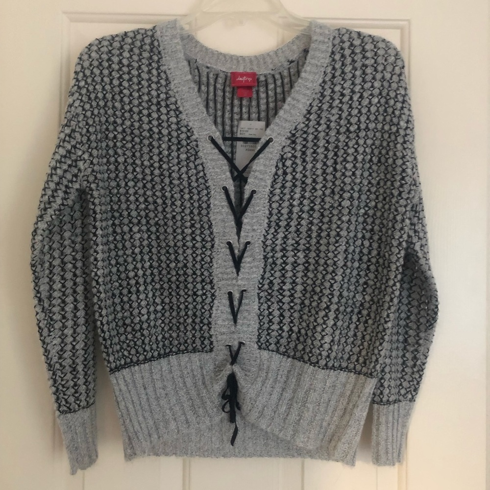 Daytrip Lace Up Cardigan Sweater XS Black Gray